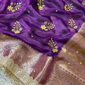 Pure Tissue Banarasi Silk Hand Embroidered Saree with Lace Work