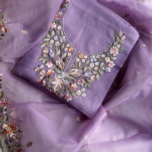 Organza Silk 3pcs suit set with thread work Embriodary parsi