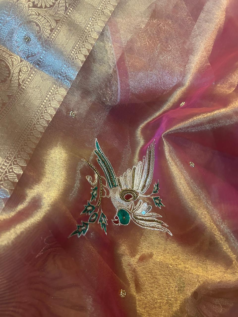 Semi Tissue Banarasi Saree with Bird Motif Weaving - Image 4